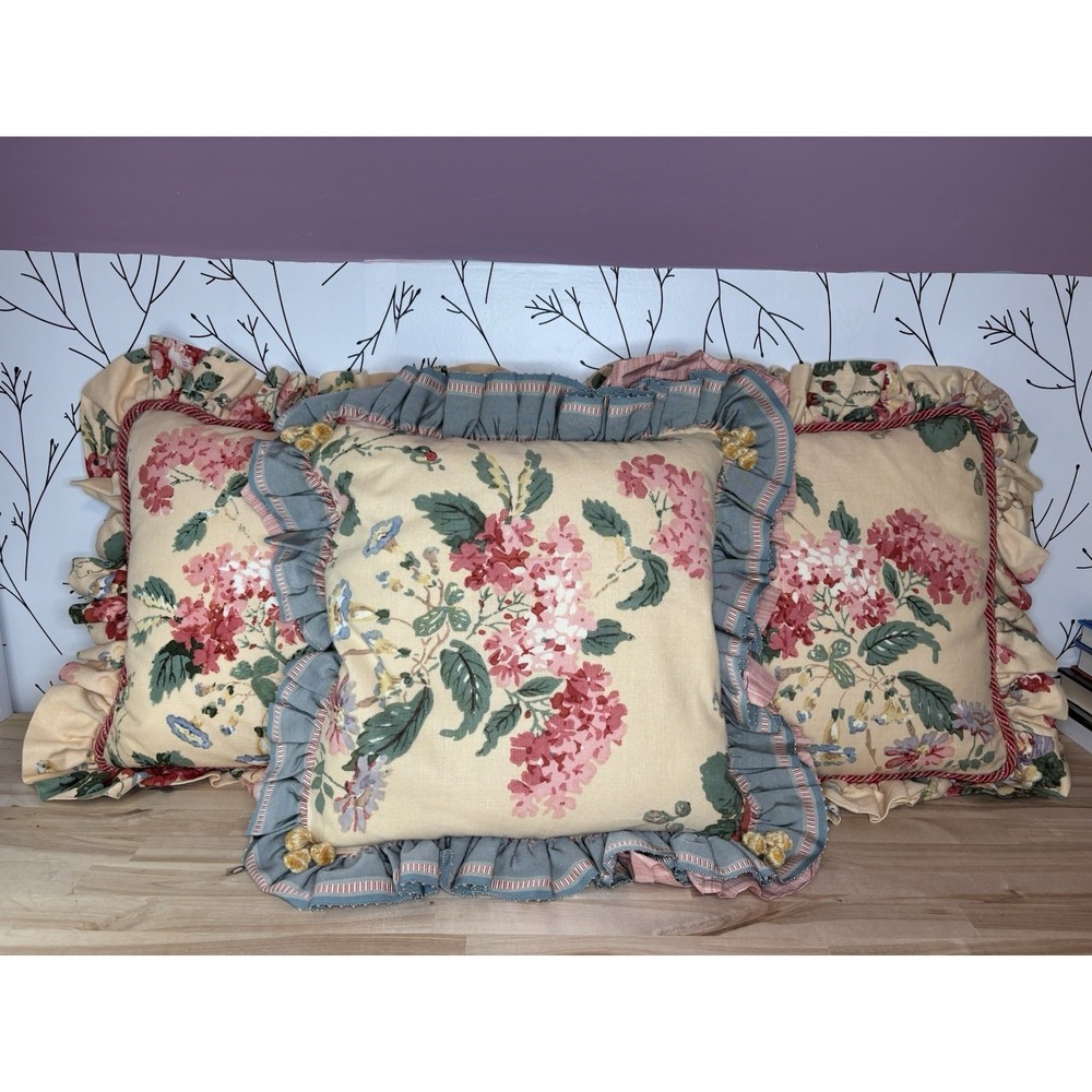 VTG Floral Shabby Chic Ruffled Corded Pillows 18x18 Set of 3 Granny/Cottage Core